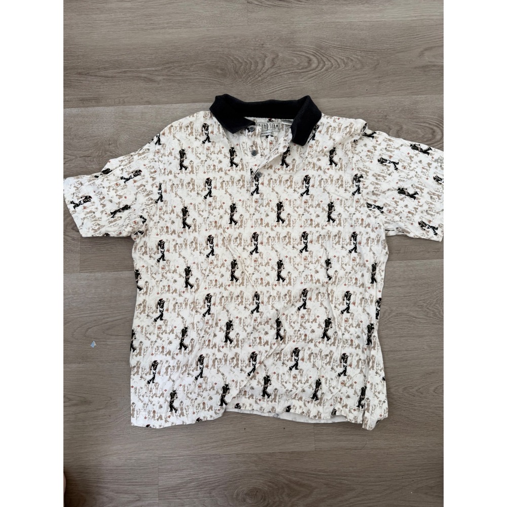 Grand Slam Mens Mercerized Cotton Polo Shirt White Golfer Print Vintage Size M